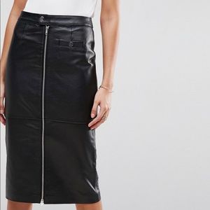 Genuine Black Leather Pencil Skirt w/ Front Zipper